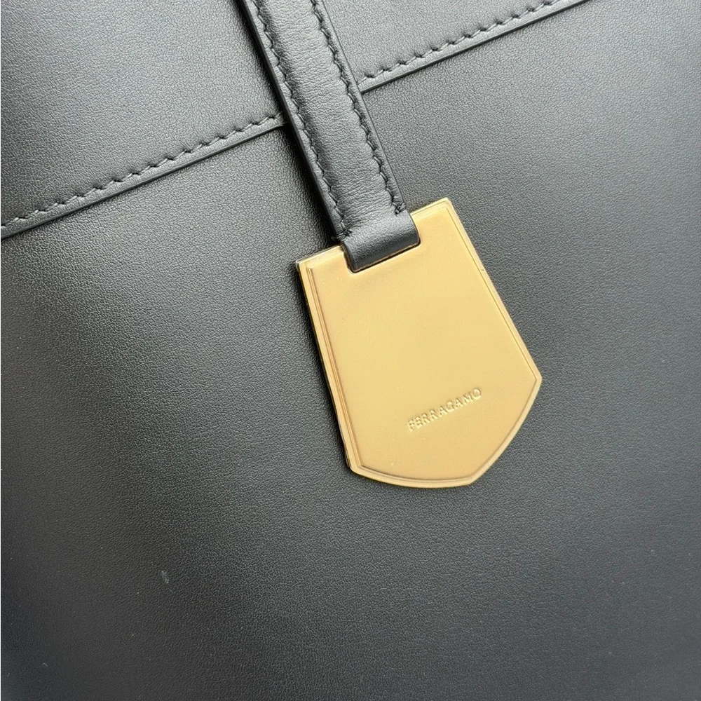Ferragamo Black Leather Tote with Gold Tag and Pouch - Picture 7 of 14